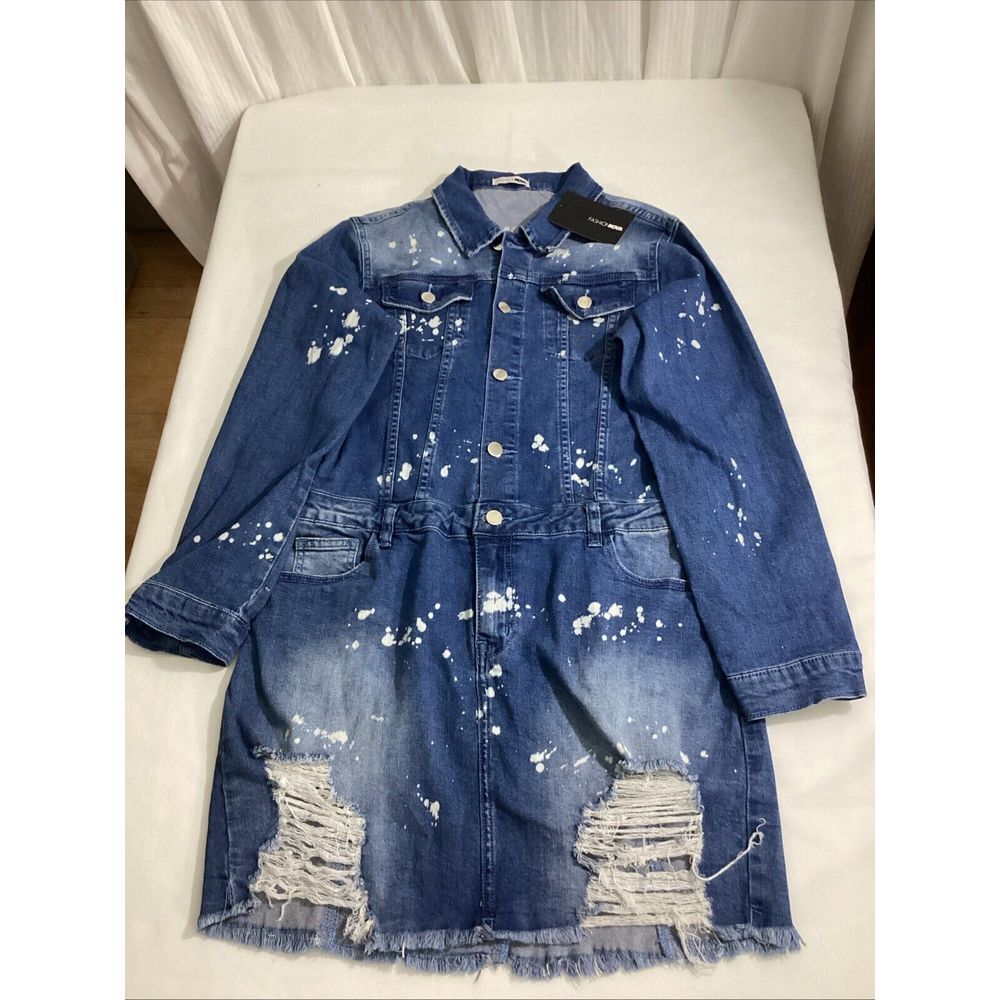 Fashion Nova Womens L Dress Blue Distressed‎ Denim One Piece 58920 - Picture 8 of 8